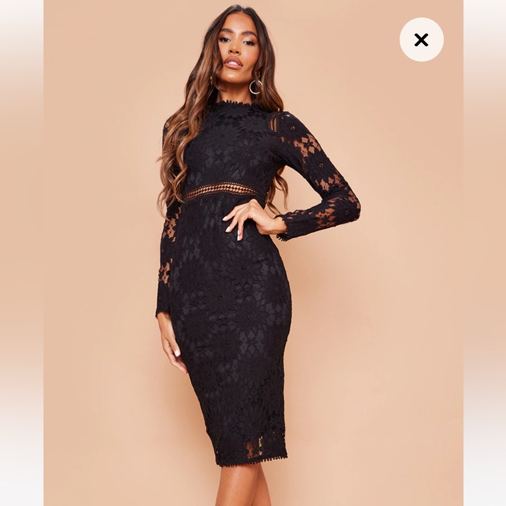 Pretty Little Thing Caris Black Long Sleeve Lace Midi Wedding Bodycon Dress